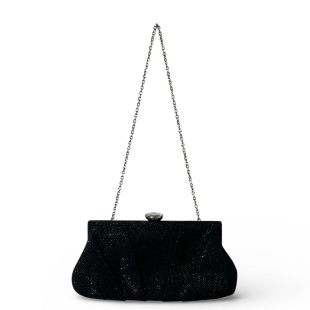 Jessica‎ McClintock Y2K Evening Clutch Silver Chain Strap Black Formal Kiss Lock